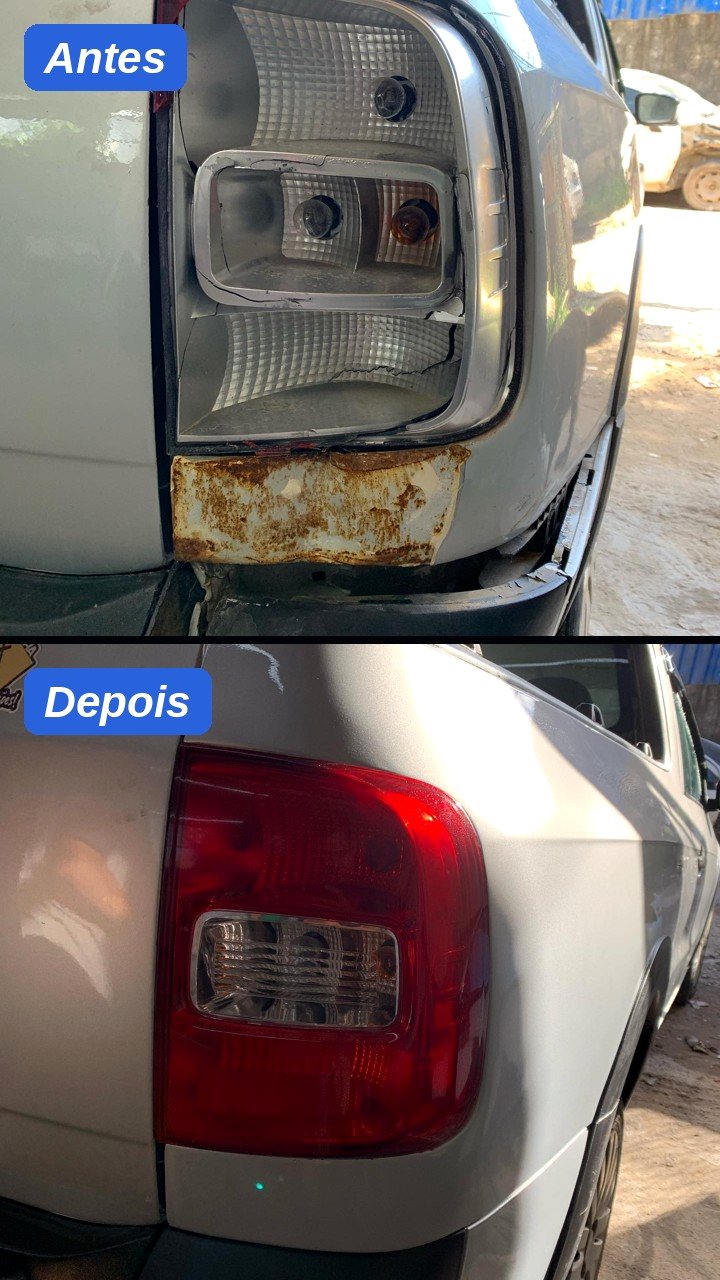 Antes e depois: traseira de picape com lanterna e lataria recuperadas